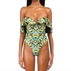 Andrea Lyamah Green Blue Carly Off Shoulder Ruffled One Piece Swimsuit Coastal